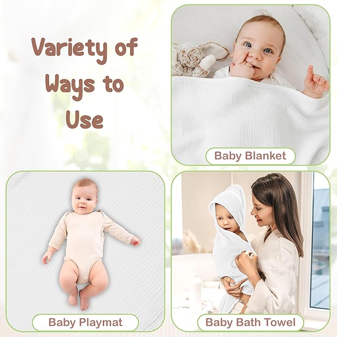 100% Organic Cotton Muslin Baby Hooded Towels - 32x32 Inch, 2 Pack Newborn Bath Towels for Boys & Girls, Soft & Absorbent Bath Set (White)