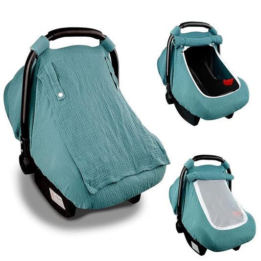 Muslin Car Seat Covers for Babies, Summer Baby Car Seat Cover for Boys Girls with Breathable Window, Lightweight Infant Car Seat Canopy, Blue