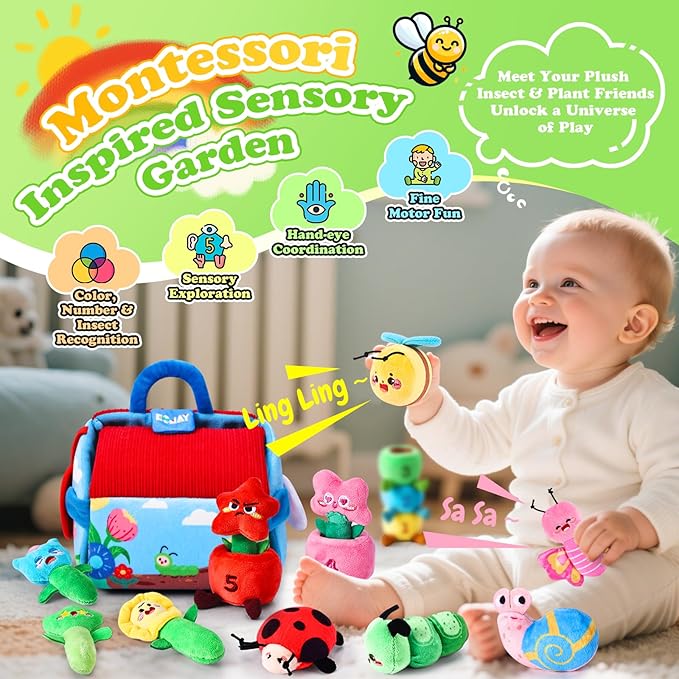 Esjay Montessori Toys for Toddler 1 Year Old, Garden Plants and Bugs with Rattle Squeaker Planting Stacking Color Matching, Sensory Learning Baby Toy 12 18 Months, Gift for 1 2 3 Toddlers Boys Girls