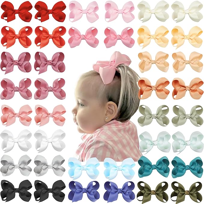 CÉLLOT 40 Pieces 3 Inch Hair Bows for Girls Clips Grosgrain Ribbon Boutique Hair Bow Alligator Clips For Girls Teens Toddlers Kids