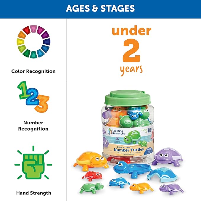 Learning Resources Number Turtles Set - 15 Pieces, Ages 18+ Months, Fine Motor Toys for Toddlers, Counting, Color & Sorting for Kids