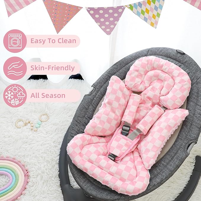 4 in 1 Infant Car Seat Insert, Baby Car Seat Head Body Support for Girls & Boys, Reversible Newborn Car Seat Insert with 3 Extra Strap Paddings, Premature Car Seat Cushion (Pink)
