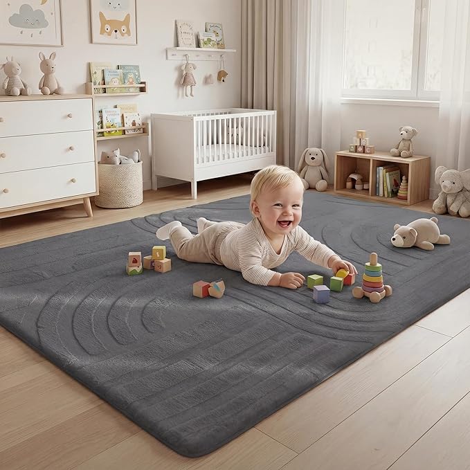 1.3" Thick Fluffy Baby Play Mat for Floor,Elasti Foam Padded Area Rug for Living Room Bedroom,Ultra Soft 3D Carved Kids Rug,Non-Slip Nursery Crawling Mat for Toddlers,4’x6’ Playroom Carpet(Charcoal)