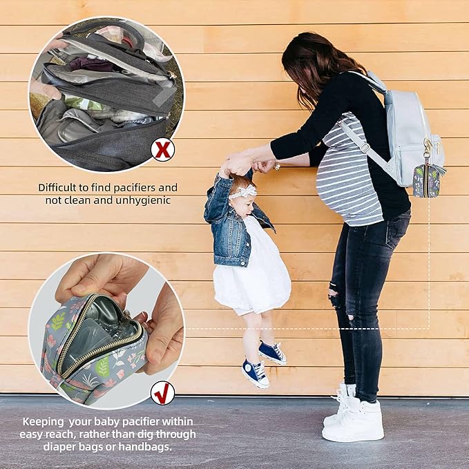 Smlpuame Pacifier Holder Case,BPA Free Leather Baby Pacifier Cover Pouch,Binky Case for Diaper Bag or Purse,Holder 4 Pacifiers or Teether Toy,Outdoor Travel Accessories,Easy to Clean(Flower,Grey)