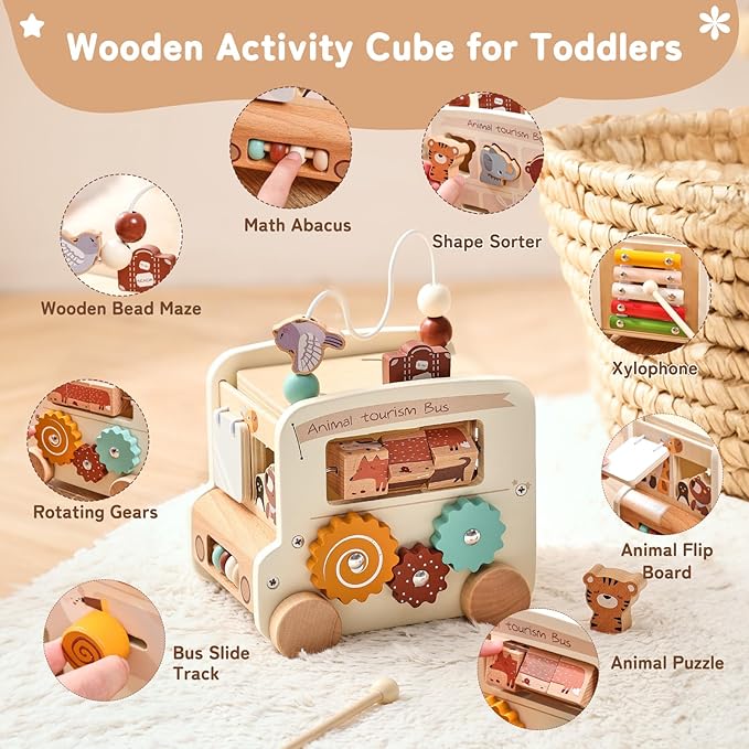 Wooden Activity Cube - 8 in 1 Montessori Toys Boys Girls, Multipurpose Educational Learning Toys for Toddlers Baby Activity Cubes with Animal Tourism Bus Theme