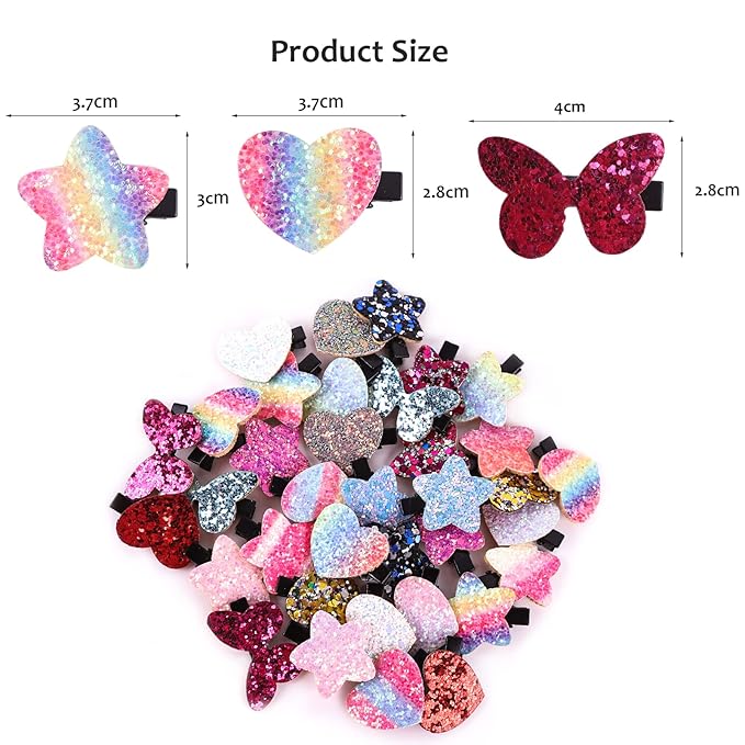 Fishdown Sparkle Sequins Hair Accessories for Girls: 36 Pcs Star, Heart, Butterfly Hair Clips, Barrettes, and Alligator Clips for Toddlers