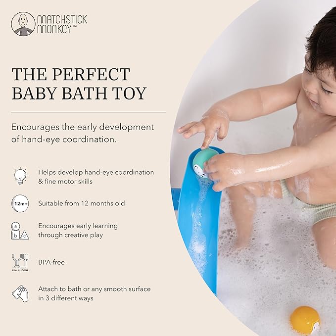 Matchstick Monkey Bath Time Slide Set – Baby Bath Toy, Sensory Learning, Easy-to-Grip Animal Rocks, Encourages Motor Skills & Water Play, BPA-Free, 12 Months+, Blue