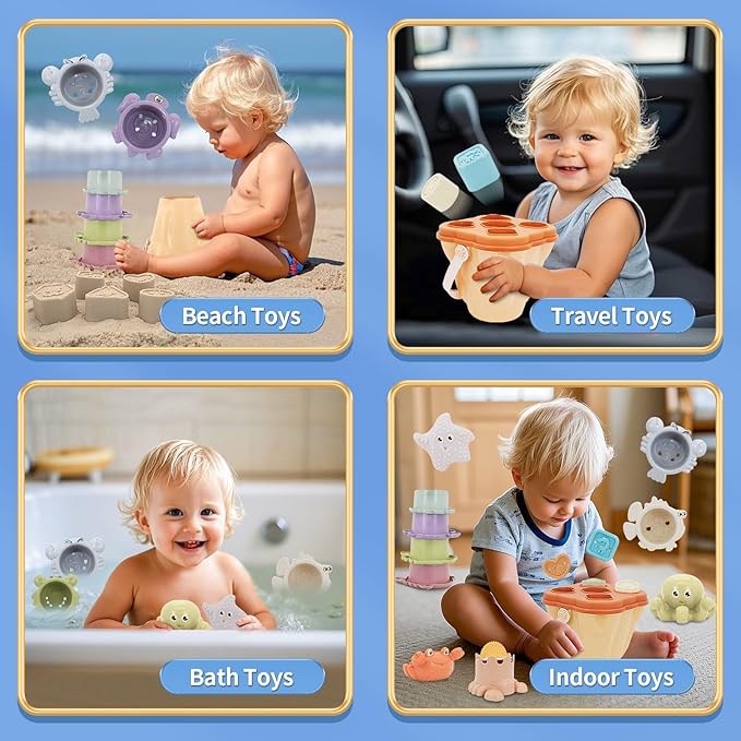 BYFWH Stacking Toy for Toddler 1-3, 4 in 1 Montessori Sensory Toys, Shape Sorter for Sand Bath Play, Infant Learning Color Sorting Toy for Fine Motor Skills, Birthday Gift for Baby Boys Girls 1 2 3