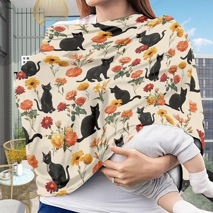AFPANQZ Black Cat Floral Soft Baby Car Seat Canopy Nursing Cover Breastfeeding Scarf Shopping Cart Covers Stroller Sunshade High Chair Cover Car Seat Covers for Girls and Boys Breathable