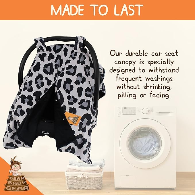 Dear Baby Gear Car Seat Cover for Boys & Girls - Baby Carseat Canopy w/Snap Opening - Infant Seat Cover - Stroller & Nursing Covers - Newborn Carrier Canopy- 40x30" (Gray Leopard Print, Smooth Black)