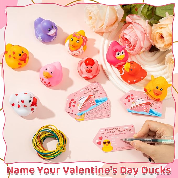 H1vojoxo Valentine’s Day Rubber Ducks - 30 Set Valentine's Day Rubber Ducks for Cruise Valentines Party Favor Duckies Cruise Duck Tags Kits for Pool Bath Toy Goodie Bag Fillers Classroom Exchange Gift
