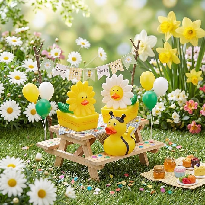 24 Pcs Deekin Spring Bee Daisy Rubber Ducks Bulk 2 Inches Honeybee Daisy Party Favors for Dashboard Decorations Hide Cruise Ships Spring Gift Bag Fillings Bee Party Supplies