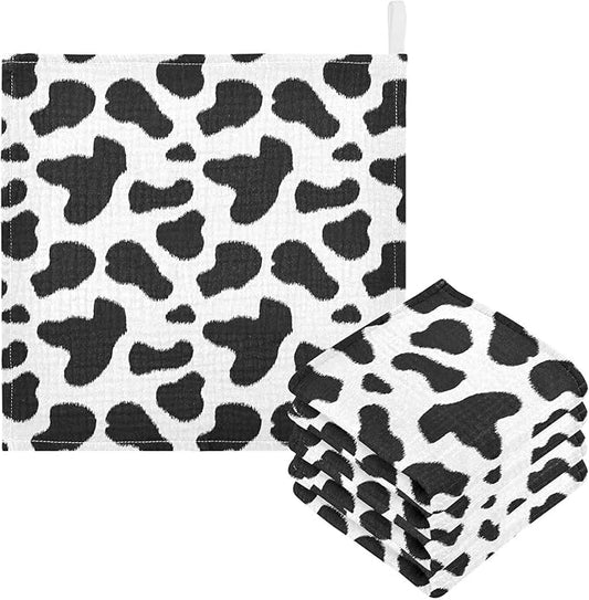 Cow Print Baby Washcloths Newborn Muslin Burp Cloths 3 Pack Soft Cotton Baby Face Bath Towel Drool Bibs for Infants, Girls and Boys 11.8 x 11.8 Inch