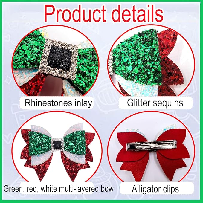 Christmas Hair Bow Clips for Girls Green & Red Bow Clip Sparkling Rhinestone Alligator Clips Festive Glitter Xmas Hair Accessories,Hair Bow Clips for Girls-2pcs