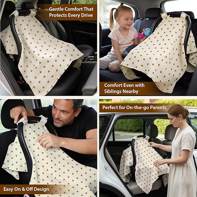 100% Organic Muslin Cotton Car Seat Cover 35 x 50 Inches Soft Touch Breathable Canopy, Protective Car Seat Cover Baby All Seasons Lightweight Car Seat Cover Travel Comfort (Beige Hearts)