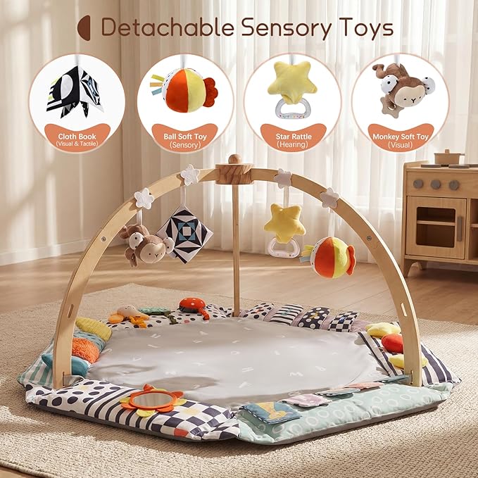 Baby Play Gym Activity Mat, 6 Developmental Zones Wooden Tummy Time Mat with 7 Detachable Sensory Toys for Motor Skill & Sensory Development, Baby Toys Gift for Toddler Infant 0-6-12-18 Month