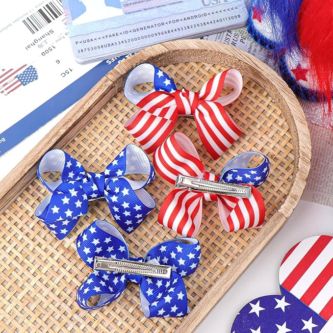 YanJie 4th of July 3'' Bow Hair Clips 4pcs Red Blue Ribbon Star Baby Girl Clips American Flag Clips Patriotic Hairpins Girls Hair Accessories