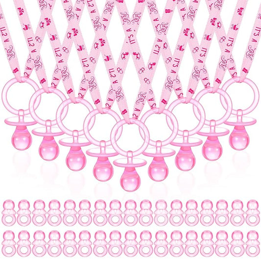 74 Pieces Baby Shower Pacifiers 24 Necklace Acrylic Plastic Pacifiers Baby Shower Game 50 Mini Plastic Charm Bulk for Party Decorations Games Table Scatter(Pink)