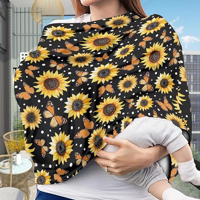Sunflower Butterfly All-in-1 Baby Car Canopy Cover for Breastfeeding, Universal Fit for Baby Car Seat, Carrier, Stroller, High Chair, Shopping Cart, Lounger Canopy