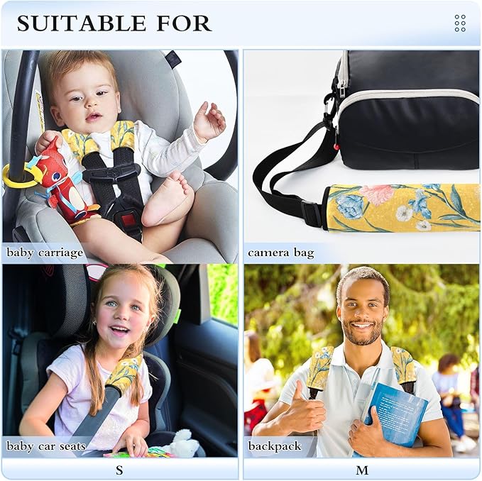 Car Seat Belt Pads Set of 2 Breathable Car Safety Seat Belt Strap Shoulder Pad for Women Men Kids M Florals Carnation Delphinium Flower Yellow
