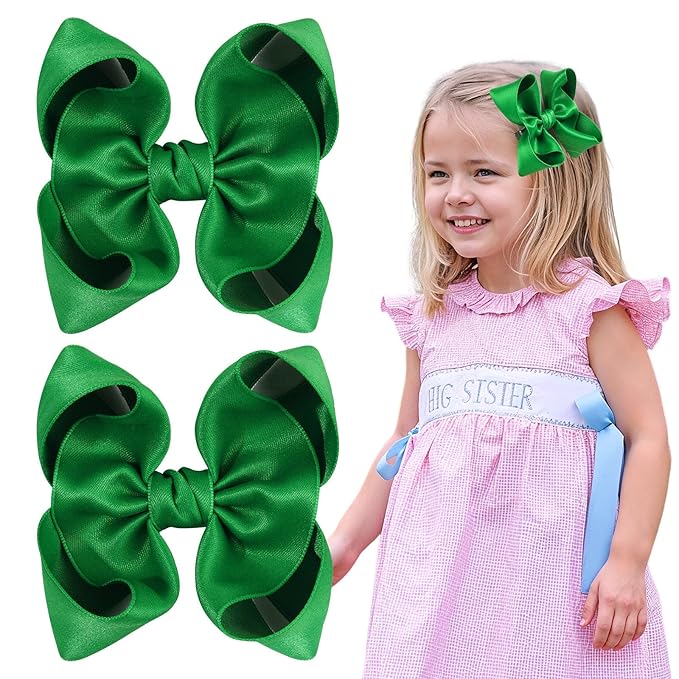 OAOLEER 2PCS 3.5inch Hair Bows for Girls，Green Stain Ribbon Hair Bows Alligator Clips Hair Accessories for Back To School Teen Toddler Girls Kids (Green)