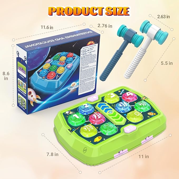 Whack Game Mole Toy for Toddler, Toys for 3 4 5 6+ Year Old Boys/Girls, Interactive Educational Pounding Toys with 2 Hammers, Music & Light, 3 Modes, Birthday Xmas Gifts for Boys Girls Kids Age 3-8