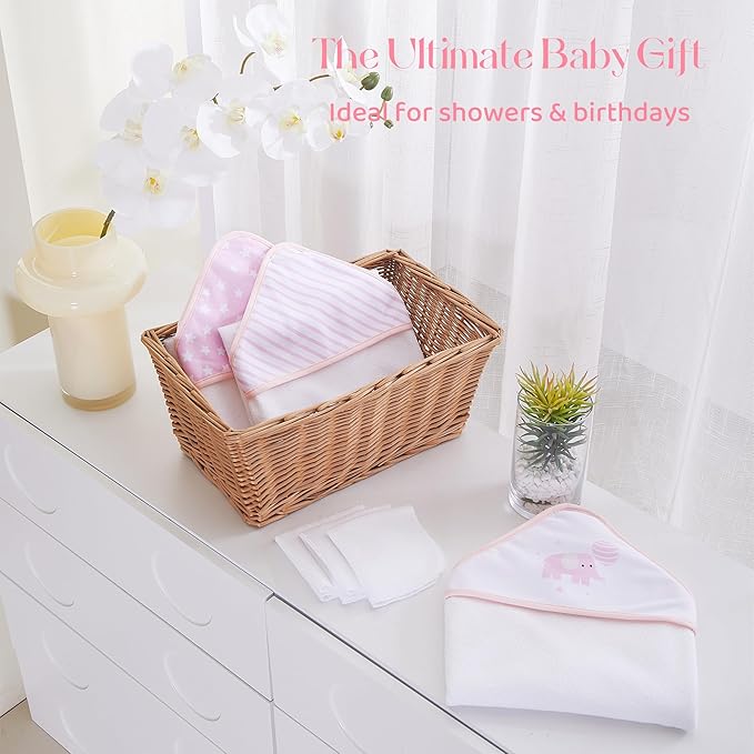 Mooreeke Baby Towel with Hood for Girls Pink Elephant Bath Towel for Babies Ultra Soft Absorbent 3 PCS Baby Towels and 3 PCS Washcloths for Newborn Essentials