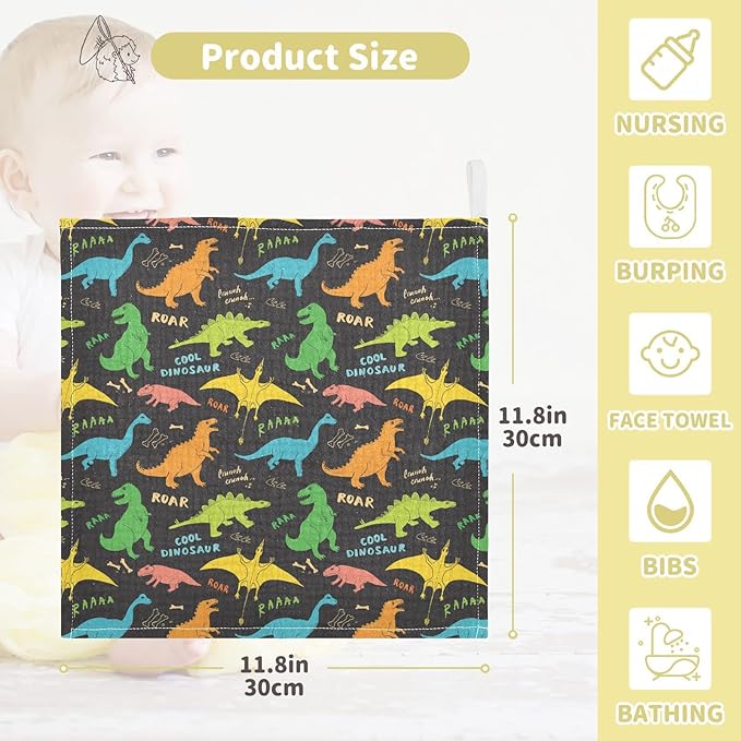 vvfelixl Baby Washcloths Cotton Colored Dino Dinosaurs Baby Muslin Washcloths Soft Baby Face Towel for Newborn Infants, 11.8 X 11.8 Inch, 3 Pack Black