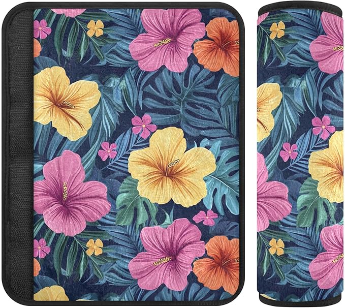 Colorful Tropical Flowers Blue Leaves Seat Belt Cover Pack of 2 Safety Belt Cushion Cute Shoulder Pads Cushion for Car Bag