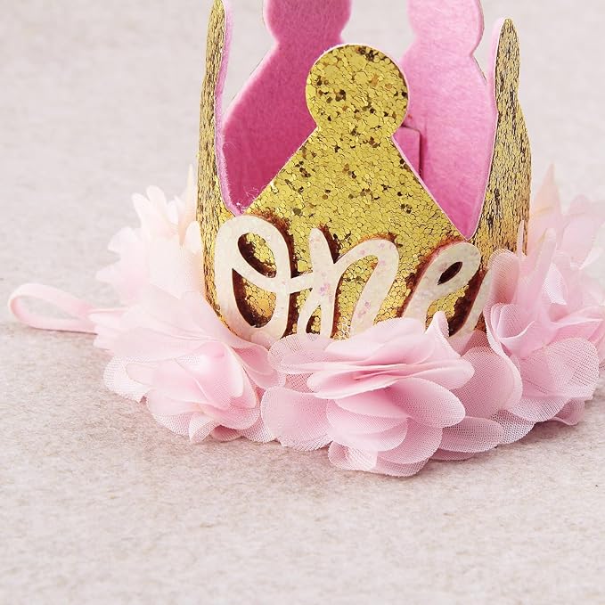Nishine Gold Glitter Crown Headband Pink Flower Crown Tiara Hairband for Baby Birthday Party Supplies Photo Props (Chiffon&One)