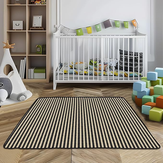 Stripes Khaki Black Baby Play Mat for Floor 50" X 50" Foldable Waterproof Non-Slip Playmat for Baby Playpen Quilted Crawling Mats Game Rug