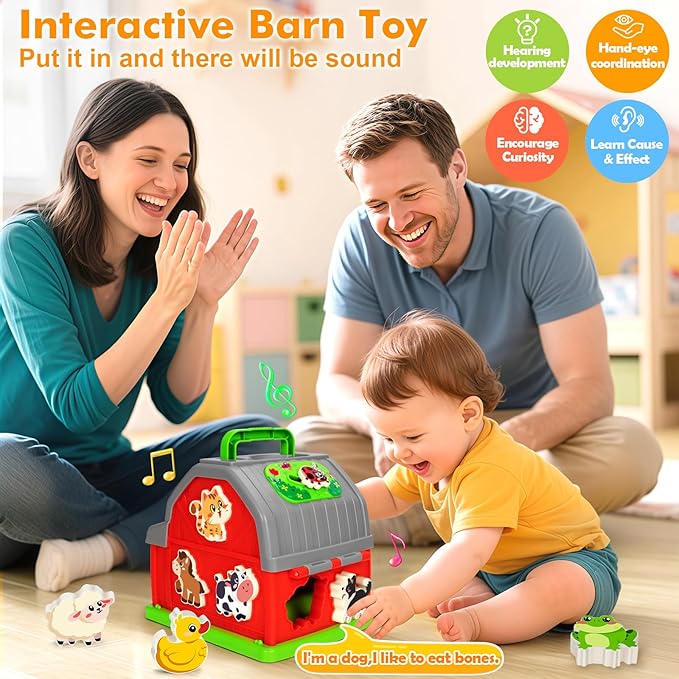 Ellinjan Montessori Learning Toys for 1 2 3 Year Old Boys Girls, Musical Farm Animals for Toddlers 1-3, Interactive Barn Toy with Light & Sound, Birthday Gifts for Baby Kid Toddler Age 12-18 Months