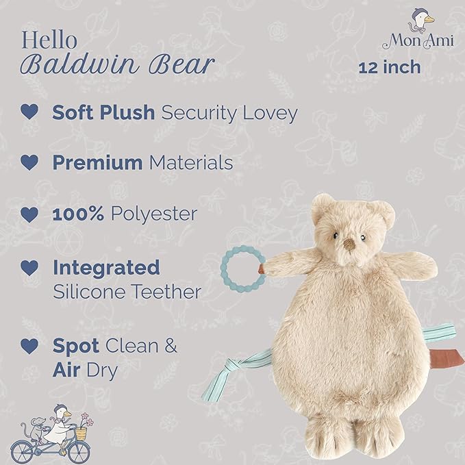 MON AMI Baldwin Bear Security Blanket with Silicone Teether | 12-Inch Plush Lovey for Babies | Soothing Sensory Snuggle Toy | Perfect Newborn Essential for Birthdays & Baby Showers