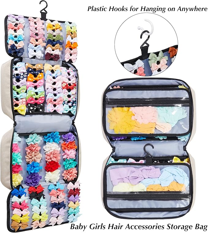 Hair Accessories Organizer for Girls, Hair Accessories Storage Bag, Hair Bow Storage Organaizer for Girls with Multi-Compartments, Baby Hair Accessories Organizer for Travel (Beige)