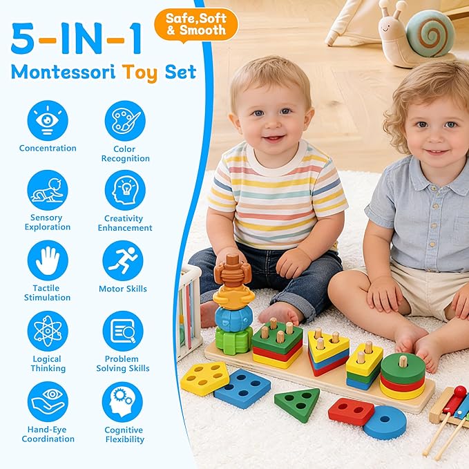 Baby Toys for 6-18 Months, 5-in-1 Montessori Educational Toy Set with Soft Teething Toy Stacking Blocks Rings Sensory Bin, Sorting Sensory Educational Learning Gift for Toddlers Aged 1-3