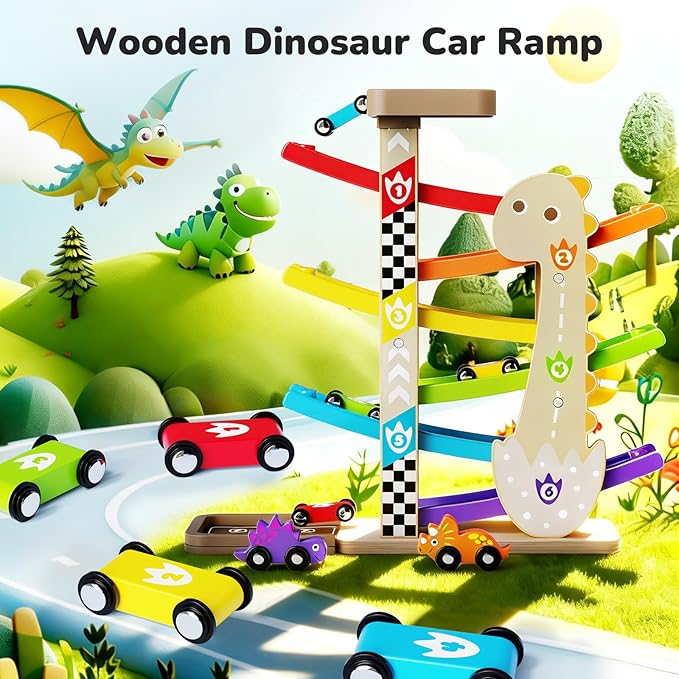Wooden Car Ramp Set for Toddlers 1-3 Years Old Montessori Race Track Toy with 8 Mini Cars, Garage & Parking Lot, Educational Learning Toys First Birthday Baby Gifts for Boys & Girls 2-4 Year Old Kids