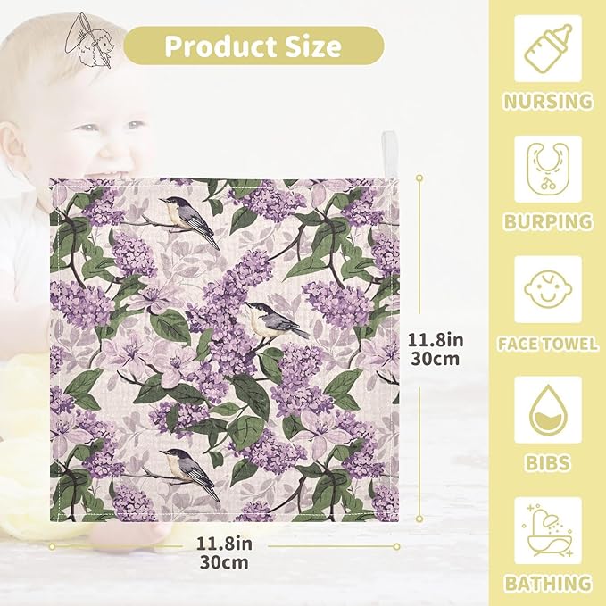 vvfelixl Bloom Lilac Magno Baby Burp Cloths Baby Muslin Washcloths for Boys Girls Cotton Babys Face Towel for Newborn Infants Soft and Absorbent 11.8 X 11.8 in, 5 Pack