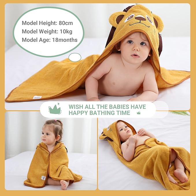 MICHLEY Bamboo Viscose Baby Hooded Bath Towel for Boys and Girls, 29.5 x 29.5 Inch Ultra-Soft and Quick-Drying Infant Bathrobe (Lion)