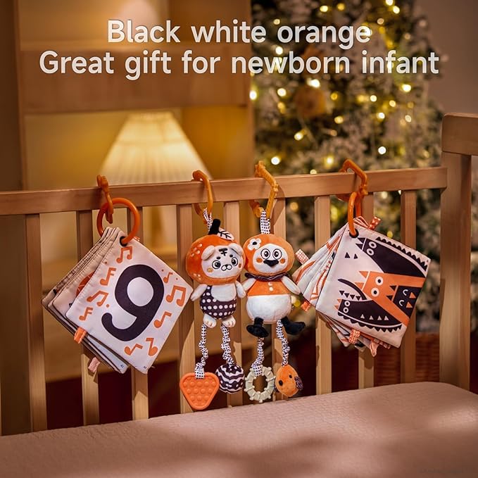 TUMAMA KIDS Hanging Toys for Baby Gym, Black and White Baby Toys, High Contrast Rattle Toy & Soft Book Set,Car Seat Toys for Babies,Early Educational Toys for Infant Babies 0 3 6 9 12 Month