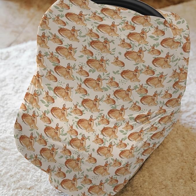 Vintage Deer Green Leaves Car Seat Cover for Babies Retro Deer Boho Leaves Stretchy 5-in-1 Cover Adjustable Infant Carseat Cover Canopy Spring Animal Breathable Nursing Cover-Up