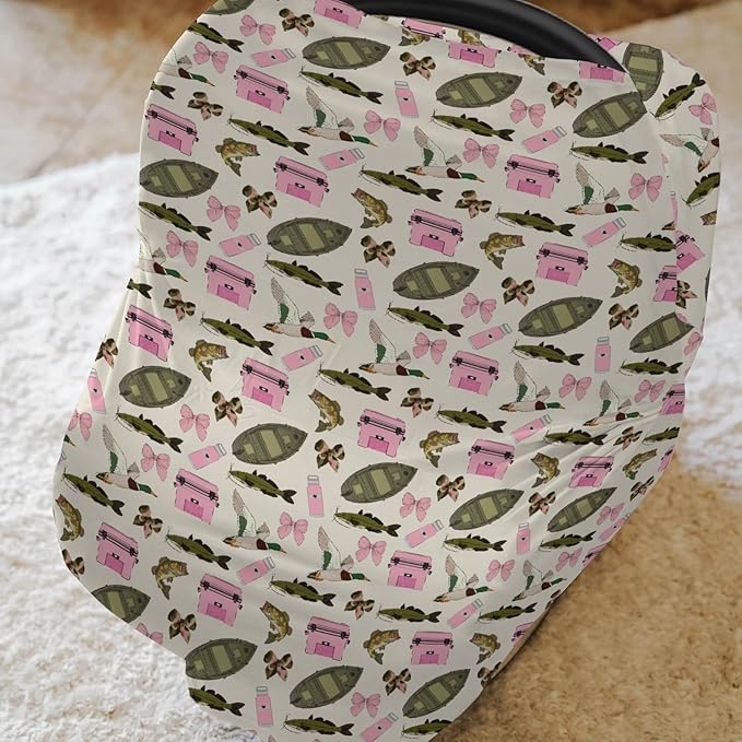 Pink Fishing Hunting Girly Baby Car Seat Covers Boats Bass Fish Duck Bows Stretchy 5-in-1 Cover Adjustable Car Canopy Cover Summer Lake Country Fishing Breathable Nursing Cover-Up
