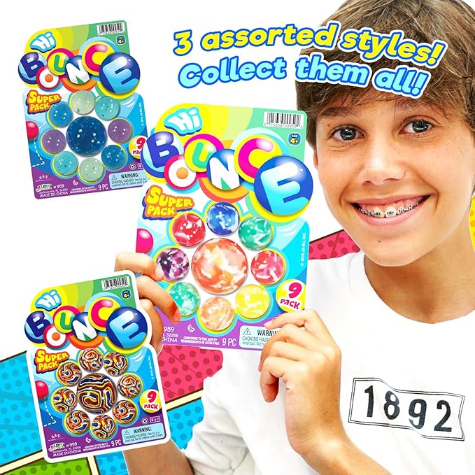 2CHILL Hi Bounce Small Bouncy Balls for Kids, Assorted Styles (2 Packs, 18 Balls Total) – 1-1.75 Inch Colorful Rubber Bouncy Balls for Bulk Party Favors & Goodie Bag Stuffers. 959-2s