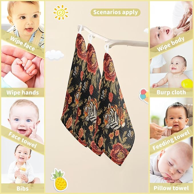 vvfelixl Tiger Bee Flower Baby Burp Cloths Baby Muslin Washcloths for Boys Girls Cotton Babys Face Towel for Newborn Infants Soft and Absorbent 11.8 X 11.8 in, 5 Pack
