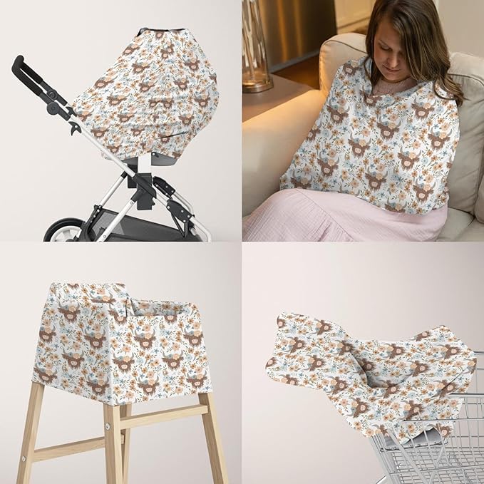5-in-1 Unisex Western Farm Cow Flowers Pattern Baby Carseat Stroller Cover for Boys Girls, Highland Cow Floral Infant Toddler Privacy Nursing Breastfeeding Canopy, Grocery Shopping Cart Cover-24x28