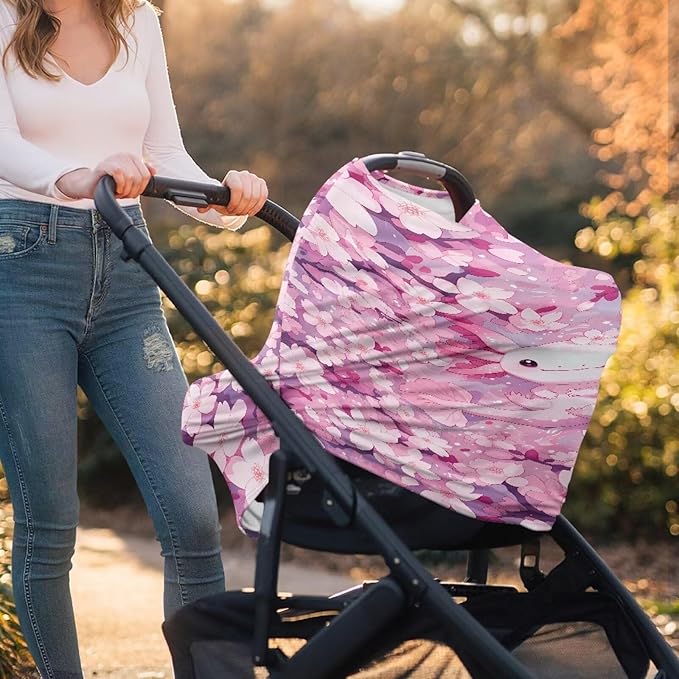 Biyejit Pink Flower Axolotl Seat Cover for Girls and Boys - Stretchy Carseat Canopy, Nursing Cover, Grocery Cart Cover, High Chair Cover