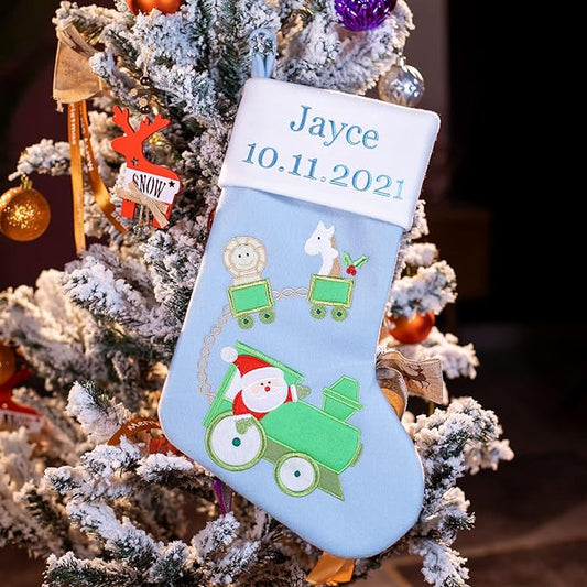 DearSun Personalized Christmas Stocking for Baby Pink & Blue Gift Bags for Newborns (Blue Stocking with Train)