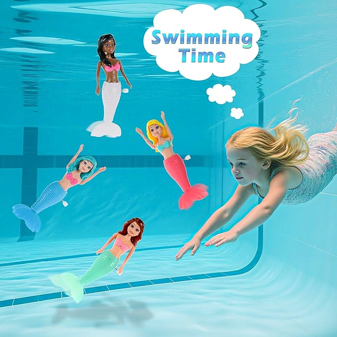 dollbie 7-Pack Wind-Up Mermaid Bath Toys for Kids -Toddler Bath Toys for Kids Moving Tail Priness Doll Diverse Hair Colors & Styles Mermaids, Swimming Pool Party Favors