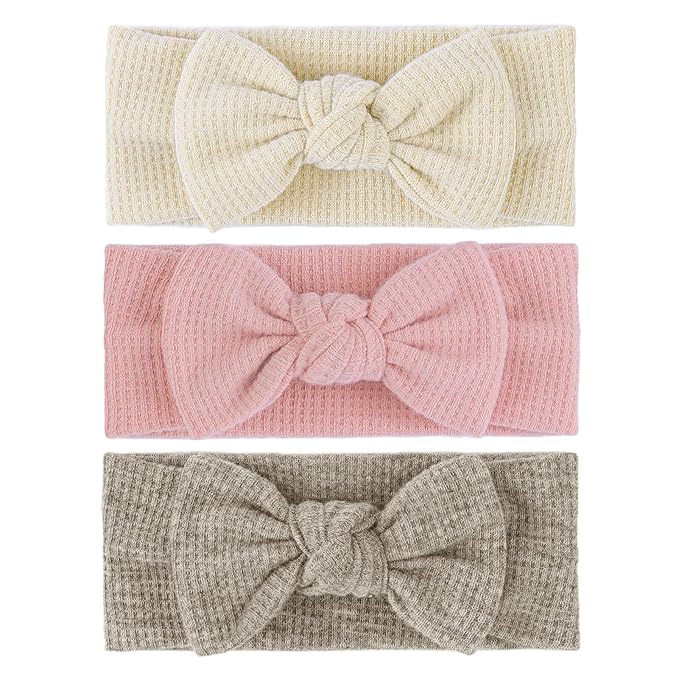 Hairband with Bows - Classic Headband Bow for Baby Girl Toddler Girls Hair Accessories, 3Pcs, Beige, Dark Khaki, Light Pink