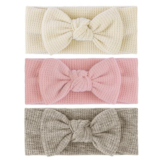 Hairband with Bows - Classic Headband Bow for Baby Girl Toddler Girls Hair Accessories, 3Pcs, Beige, Dark Khaki, Light Pink