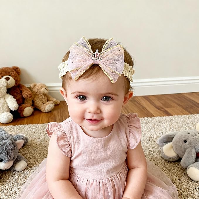 Baby Girls Hairbands Bow Lace Headband Handmade Soft Stretchy Pink Bowknot Hairbands Newborn Hairband with Bows Elastic Hair Bands for Kids Infant (Light Pink Bow)